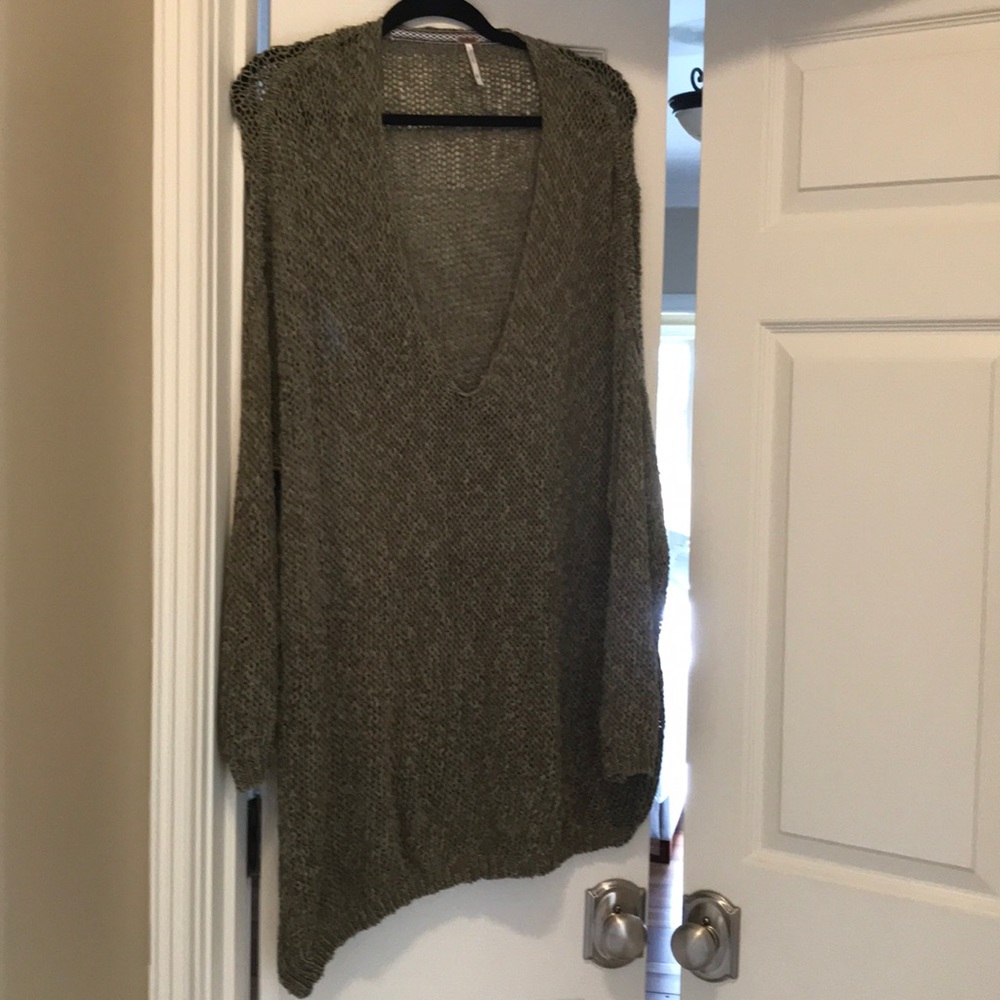 Free People Olive Green Open Knit V-Neck Sweater
